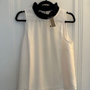 NWT White J.Crew with Black Ruffle Collar Sleeveless Blouse, Size M